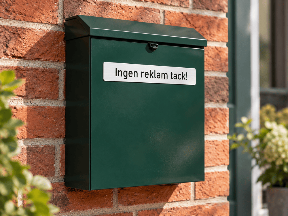 Brevlådeskylt Ingen reklam tack i miljö